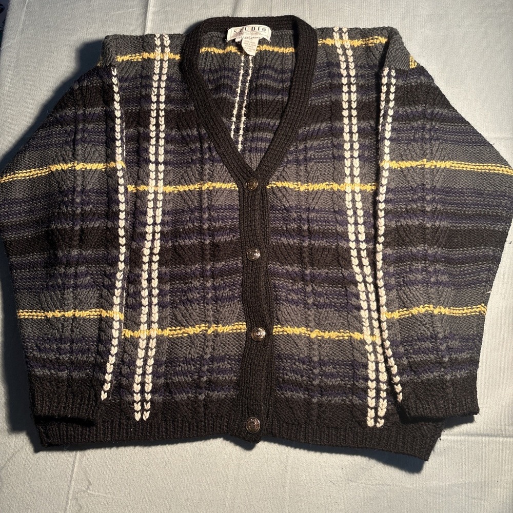 Studio Michelle Stuart Hand Knit Wool Cardigan Plaid Black Grey Yellow Mens Med